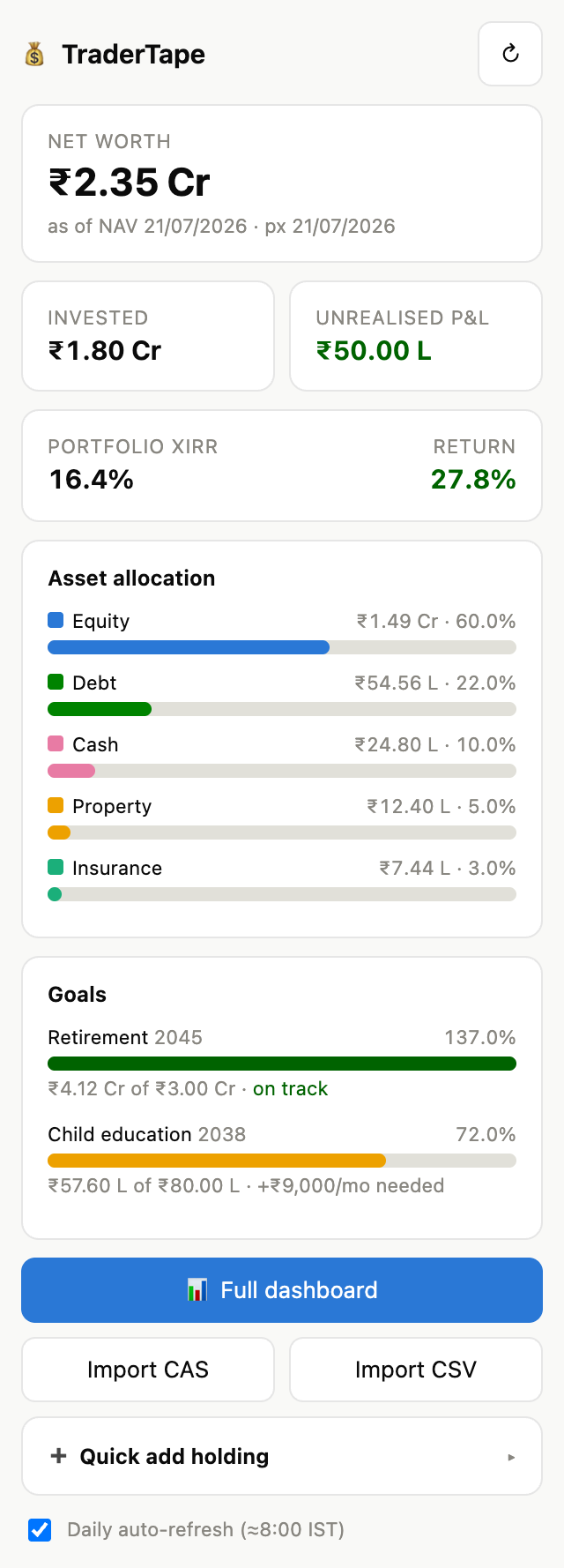 The sidebar โ net worth, allocation and goals inside your sheet